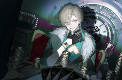  1boy absurdres aventurine_(honkai:_star_rail) black_gloves blonde_hair bracelet card cleavage_cutout clothing_cutout commentary fur_trim gloves green_shirt hand_on_own_chest heart_cutout highres holding holding_card honkai:_star_rail honkai_(series) jewelry looking_at_viewer male_focus muted_color pectoral_cleavage pectorals poker_chip purple_eyes ring shadow shirt short_hair smile solo upper_body watch wristwatch xingxing_mei 
