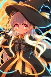  1girl absurdres black_bow black_gloves black_hat black_robe black_shirt black_skirt blurry blurry_background bow closed_mouth commentary_request depth_of_field fang fang_out fate/extra fate_(series) full_moon gloves grey_hair hair_between_eyes hair_bow halloween hand_up hat highres jack-o&#039;-lantern long_hair long_sleeves looking_at_viewer moon nursery_rhyme_(fate) red_eyes robe shirt skirt smile solo striped_bow twitter_username very_long_hair wide_sleeves witch_hat yellow_skirt yuya090602 