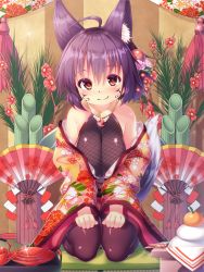  ahoge animal_ears black_legwear blush breasts cleavage commentary_request floral_print flower food fox_ears fox_girl fox_tail fruit hair_flower hair_ornament hand_fan highres indoors japanese_clothes jewelry kimono kur_(kur0320) large_breasts looking_at_viewer necklace new_year off_shoulder orange_(fruit) original seiza short_hair sitting solo tail tattoo thighs 