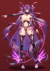  1girl blush body_markings breasts clothing_cutout cluseller covered_erect_nipples demon_tail gloves hair_between_eyes high_heels highres huge_breasts large_breasts long_hair long_sleeves looking_at_viewer navel navel_cutout original partially_fingerless_gloves pasties pubic_tattoo purple_hair red_background revealing_clothes simple_background solo tail tattoo thighhighs twintails very_long_hair  rating:Sensitive score:15 user:danbooru