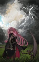  1girl absurdres breasts cloud cloudy_sky grass highres holding holding_scythe hololive hololive_english lightning long_hair m3ru mori_calliope mori_calliope_(1st_costume) pink_eyes pink_hair scythe sky solo spikes virtual_youtuber 