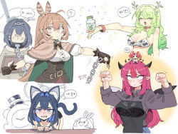  5girls :&gt; :3 :d ? absurdres ahoge alternate_costume animal_ears animal_print apron arms_up bell bikini black_gloves black_hair black_skirt blue_eyes blue_hair blush bottle breasts brown_eyes brown_hair cape cat_ears cat_tail ceres_fauna chain clenched_hands cocomayo29_(tomato) colombia_pose colored_inner_hair constricted_pupils cow_print cow_print_bikini cowbell cropped_torso fang feather_hair_ornament feathers flower gloves grabbing_another&#039;s_hair green_hair hair_flower hair_intakes hair_ornament hakos_baelz hakos_baelz_(1st_costume) halo hat heterochromia highres holding holding_chain holocouncil hololive hololive_english horns irys_(hololive) korean_text kronie_(ouro_kronii) large_breasts long_hair long_sleeves looking_at_viewer medium_breasts milk_bottle mini_person minigirl mole mole_under_eye mouse_ears mouse_girl multicolored_hair multiple_girls nanashi_mumei nanashi_mumei_(1st_costume) neck_bell open_mouth ouro_kronii partially_fingerless_gloves pillory pointy_ears ponytail print_bikini purple_eyes purple_hair red_hair rune_hair_ornament skirt smile smol_baelz spoken_question_mark streaked_hair swimsuit tail top_hat translation_request virtual_youtuber white_background white_hair wing_print wristband 