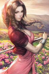  1990s_(style) 1girl aerith_gainsborough bow braid braided_ponytail breasts brown_hair cleavage cropped_jacket evening field final_fantasy final_fantasy_vii flower flower_field green_eyes hair_bow highres large_breasts light_smile lips looking_at_viewer mountain polearm realistic signature smile solo staff stanley_lau sunlight upper_body weapon wrist_cuffs  rating:Sensitive score:79 user:dmysta3000
