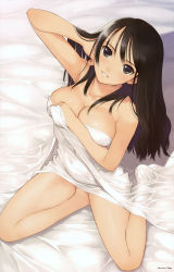  1girl absurdres bed_sheet black_eyes black_hair breast_press breasts cleavage covered_navel covering_privates hair_flip highres large_breasts long_hair naked_sheet nude nude_cover sitting smile solo tony_taka  rating:Questionable score:67 user:danbooru