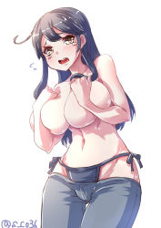 10s 1girl amatelas bikini_jeans black_hair black_panties blush breasts combat_s-ko covering_privates covering_breasts cowboy_shot denim embarrassed highres huge_breasts jeans kantai_collection long_hair looking_at_viewer lowleg lowleg_pants meme_attire open_mouth panties pants solo tears thigh_gap tomboy topless underwear ushio_(kancolle) whale_tail_(clothing) white_background yellow_eyes rating:Questionable score:94 user:danbooru