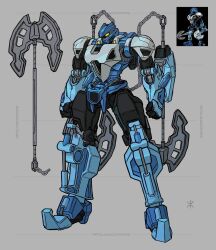  apoloniodraws artist_name axe bionicle chain clenched_hands full_body gali_(bionicle) grey_background head_tilt highres humanoid_robot mecha reference_inset robot solo_focus the_lego_group weapon weapon_on_back yellow_eyes  rating:General score:9 user:danbooru