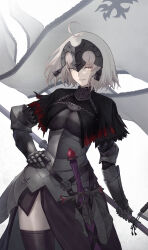  1girl ahoge armor armored_dress banner black_capelet black_dress black_thighhighs breasts cape capelet chain cowboy_shot dress fate/grand_order fate_(series) faulds flag fur-trimmed_cape fur_trim gauntlets headpiece highres holding holding_flag jeanne_d&#039;arc_alter_(avenger)_(fate) jeanne_d&#039;arc_alter_(avenger)_(first_ascension)_(fate) jeanne_d&#039;arc_alter_(fate) large_breasts looking_at_viewer plackart short_hair smile solo standard_bearer sword thighhighs torn_capelet torn_clothes weapon white_flag white_hair yasu_(segawahiroyasu) yellow_eyes 