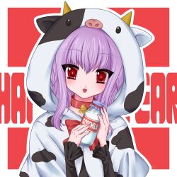  1girl animal_costume bell blush bottle chinese_zodiac collar commentary_request cow_costume gore_screaming_show happy_new_year highres long_hair looking_at_viewer milk_bottle neck_bell new_year open_mouth oyu_(user_knws7432) purple_hair red_eyes smile solo upper_body year_of_the_ox yuka_(gore_screaming_show) 