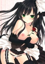  absurdres black_hair blush breasts character_request elbow_gloves flower garter_belt gloves green_eyes highres jewelry large_breasts long_hair makita_maki necklace nipples panties pearl_necklace rose skirt source_request underwear  rating:Questionable score:16 user:Igraine