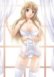  00s 1girl bare_shoulders blonde_hair blue_eyes breasts cleavage collarbone corset curtain_grab curtains eyebrows garter_belt k-on! kotobuki_tsumugi lace lace-trimmed_legwear lace_trim large_breasts lingerie long_hair mukunokino_isshiki panties solo teddy_(lingerie) thick_eyebrows thighhighs underwear white_panties white_thighhighs window  rating:Questionable score:78 user:danbooru