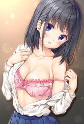 :o black_hair blue_skirt blunt_bangs bra bra_pull breasts cleavage clothes_pull collarbone frilled_bra frills hand_on_own_chest lens_flare long_sleeves looking_at_viewer medium_breasts off_shoulder open_clothes open_mouth open_shirt original pasdar pink_bra pleated_skirt pulled_by_self shiny_skin shirt short_hair single_bare_shoulder skirt solo tareme underwear undressing white_shirt rating:Sensitive score:23 user:danbooru