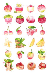  :d ^_^ absurdres apple applin banana bounsweet cherry cherubi chespin chestnut closed_eyes colored_pencil_(medium) creatures_(company) closed_eyes flying_sweatdrops food food_focus fruit game_freak gen_3_pokemon gen_4_pokemon gen_6_pokemon gen_7_pokemon gen_8_pokemon happy heart highres looking_at_viewer mango mangosteen musical_note nintendo no_humans o_o open_mouth painting_(medium) pokemon pokemon_(creature) simple_background smile smoliv traditional_media tropius watercolor_(medium) waving white_background worried yukichi_0611 