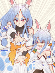  2girls absurdres animal_ears azuma_(azmdraw) blue_hair breasts dragon_ball dragonball_z dress emphasis_lines father-son_kamehameha highres hololive kamehameha_(dragon_ball) long_hair mother_and_daughter multicolored_hair multiple_girls pekomama rabbit_ears rabbit_girl red_eyes scene_reference serious small_breasts strapless strapless_dress thick_eyebrows two-tone_hair usada_pekora white_dress white_hair 