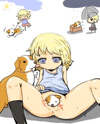 1girl anus bare_shoulders bestiality giving_birth black_socks blonde_hair blue_eyes blush blush_stickers bottomless burukabi closed_eyes cloud dog empty_eyes expressionless happy heart highres holding kneehighs leaning_back leash legs licking loli long_image looking_down miniskirt open_mouth original pregnant puppy pussy pussy_juice rain sequential shiny_skin short_hair simple_background sitting skirt smile socks spoken_heart spread_legs standing sun sweat tall_image tank_top tongue umbrella white_background rating:Explicit score:136 user:nantian