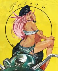  1girl ass back big_hair blue_eyes butt_crack capcom cuffs daniel_oduber denim denim_shorts final_fight handcuffs hat high_heels highres lips long_hair motor_vehicle motorcycle one_eye_closed peaked_cap pink_hair pinup_(style) poison_(final_fight) realistic shoes shorts smile solo vehicle wink  rating:Questionable score:54 user:danbooru