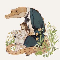  1girl animal ascot barefoot black_ascot blue_coat blue_pants book brown_eyes brown_hair closed_mouth clothed_animal coat collared_coat collared_shirt commentary_request crocodile crocodilian daisy dandelion dress expressionless flower full_body height_difference high_collar highres holding holding_book lapels layered_sleeves long_dress long_hair long_sleeves notched_lapels open_book open_clothes open_coat original pants picture_book reading sharp_teeth shirt simple_background sitting sitting_on_lap sitting_on_person slit_pupils teeth toes tono_(rt0no) very_long_hair white_background white_dress white_flower white_shirt yellow_flower 