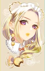  1girl ahoge blonde_hair bow brown_background caracoro commentary_request cookie cookie_earrings cropped_head crumbs drop_earrings earrings eyelashes food food_bite food_themed_earrings frilled_hairband frills hair_intakes hairband honey jar jewelry lips lipstick long_hair looking_at_viewer makeup mole original parted_lips purple_eyes purple_lips signature solo sparkle thick_lips yellow_lips 