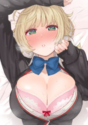 1girl :o absurdres arm_up bed_sheet black_jacket blue_bow blue_bowtie blush bow bowtie bra breasts cleavage collarbone commentary_request earrings green_eyes hair_ornament heart heart-shaped_pupils highres indie_virtual_youtuber jacket jewelry lace lace-trimmed_bra lace_trim large_breasts long_sleeves looking_at_viewer looking_back lying nose_blush on_back on_bed open_clothes open_jacket parted_lips pink_bra pom_pom_(clothes) pom_pom_hair_ornament shigure_ui_(vtuber) shirt short_sleeves sleeves_past_wrists solo sweat symbol-shaped_pupils tonarikeru unbuttoned unbuttoned_shirt underwear upper_body virtual_youtuber white_shirt rating:Questionable score:43 user:danbooru