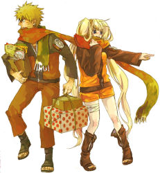 1boy 1girl ahoge bag bandages black_jacket blonde_hair blue_eyes blush box breasts carrying facial_mark full_body genderswap genderswap_(mtf) green_scarf groceries grocery_bag hand_up height_difference i_(kaiyou) index_finger_raised jacket leg_lift leg_up long_hair long_sleeves looking_to_the_side medium_breasts multicolored_clothes multicolored_jacket naruko_(naruto) naruto naruto_(series) naruto_shippuuden open_mouth orange_jacket orange_pants orange_shorts outstretched_arm pants paper_bag pointing red_scarf sandals scarf shared_clothes shared_scarf shopping_bag short_hair short_shorts shorts simple_background spiked_hair standing teeth tongue twintails uzumaki_naruto very_long_hair whisker_markings whiskers white_background zipper rating:Sensitive score:34 user:nyuuuuuuu