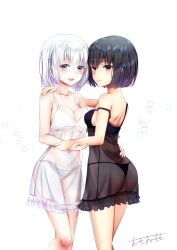 2girls :d absurdres ass back bad_id bad_pixiv_id bare_arms bare_legs bare_shoulders black_eyes black_hair black_panties blue_eyes breasts cleavage closed_mouth collarbone commentary_request couple covered_navel female_focus fingernails hair_between_eyes hand_on_another&#039;s_shoulder hand_on_another&#039;s_waist highres legs lips looking_at_viewer looking_back medium_breasts midriff multiple_girls navel neck nightgown off_shoulder omoomomo open_mouth original panties round_teeth see-through sideboob signature silver_hair simple_background small_breasts smile strap_slip teeth underwear white_background white_panties yuri rating:Sensitive score:16 user:danbooru