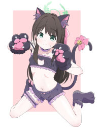  1girl airi_(blue_archive) animal_ears animal_hands bell black_bra black_gloves black_hair black_panties blue_archive blush bra breasts cat_cutout cat_ears cat_lingerie cat_paws cat_tail closed_mouth clothing_cutout cosplay fake_animal_ears fake_tail full_body gloves green_eyes green_halo halo highres jingle_bell long_hair looking_at_viewer meme_attire navel nyaru_(nyaru_4126) onii-chan_wa_oshimai! oyama_mahiro oyama_mahiro_(cosplay) panties paw_gloves small_breasts solo tail underwear 