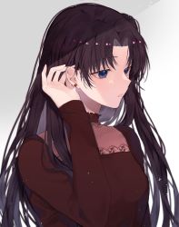  1girl bangs black_hair blue_eyes blush breasts earrings fate/stay_night fate_(series) grey_background hand_up highres jewelry long_hair long_sleeves medium_breasts parted_bangs red_shirt shimatori_(sanyyyy) shirt simple_background solo thighhighs tohsaka_rin two_side_up 