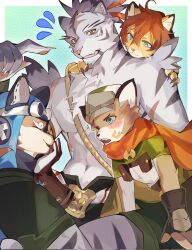  4boys abs animal_ears axianorange bara blue_eyes blush claws clenched_teeth closed_eyes dog_boy facing_another fang fangs fingerless_gloves flying_sweatdrops furry furry_male gloves goggles goggles_on_headwear green_eyes highres lion_boy lion_ears looking_at_another lou_(world_flipper) male_focus mouse_boy mouse_ears multiple_boys muscular muscular_male nimbus_(world_flipper) open_mouth orange_scarf pawpads pectorals scarf skin_fang sven_(world_flipper) sweatdrop teeth theo_(world_flipper) tiger_boy tiger_ears tiger_stripes topless_male world_flipper yellow_eyes 