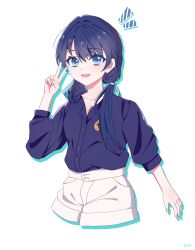  1girl alternate_costume artist_name blue_eyes blue_hair blue_ribbon blue_shirt collarbone collared_shirt commentary cropped_legs dark_blue_hair dress_shirt drop_shadow hair_ribbon highres hikari_wind0919 link!_like!_love_live! long_hair looking_at_viewer love_live! low_twintails mole mole_on_neck murano_sayaka notice_lines open_mouth ribbon shirt shorts signature sleeves_past_wrists smile solo symbol-only_commentary twintails v virtual_youtuber white_background white_shorts 