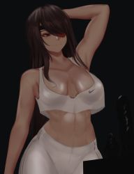 1girl absurdres arm_behind_head arm_up armpits bad_id bad_pixiv_id bare_shoulders beidou_(genshin_impact) black_background breasts brown_hair cleavage closed_mouth colored_eyepatch crop_top crop_top_overhang eyepatch genshin_impact hair_over_one_eye highres large_breasts long_hair one_eye_covered pants red_eyes smile sportswear stomach swept_bangs tight_clothes tight_pants toned yoga_pants zaki_(zaki_btw) rating:Sensitive score:59 user:danbooru