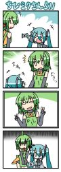 &gt;_&lt; 2girls 4koma :d >_< black_gloves blue_hair camera chibi_miku closed_eyes clothes_writing comic detached_sleeves double_v elbow_gloves fingerless_gloves fl-chan gloves green_hair hatsune_miku long_hair long_image minami_(colorful_palette) multiple_girls open_mouth shirt short_hair silent_comic skirt smile sweatdrop tall_image translated twintails v vocaloid wavy_mouth xd rating:General score:1 user:danbooru