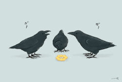  animal_focus bird commentary_request crow dated_commentary doughnut food grey_background no_humans original partial_commentary pon_de_ring signature simple_background terao_(omelettera) yatagarasu 