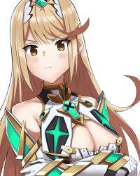  1girl blonde_hair blush breasts cleavage dress gloves highres j@ck large_breasts long_hair looking_at_viewer mythra_(xenoblade) nintendo simple_background solo tsundere white_background xenoblade_chronicles_(series) xenoblade_chronicles_2  rating:Sensitive score:28 user:danbooru