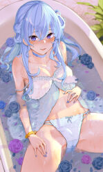  1girl absurdres alternate_breast_size babydoll bathtub blue_choker blue_flower blue_hair blue_nails blue_panties blue_rose blush bow bow_panties bra breasts choker commentary_request cowboy_shot eyes_visible_through_hair flower hair_between_eyes hand_on_own_stomach hand_on_own_thigh hcz_n highres hololive hoshimachi_suisei long_hair looking_at_viewer medium_breasts nail_polish panties parted_lips petals petals_on_liquid purple_eyes purple_flower purple_rose rose solo spread_legs star_(symbol) star_in_eye symbol_in_eye underwear virtual_youtuber water wet white_bra  rating:Sensitive score:60 user:danbooru