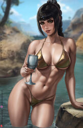  1girl artist_name baldur&#039;s_gate baldur&#039;s_gate_3 bikini black_eyeshadow black_hair blurry blurry_background braid breasts cameltoe chalice circlet collarbone cup dandon_fuga dungeons_&amp;_dragons elf eyeshadow freckles gluteal_fold green_eyes groin gumroad_username highres holding holding_cup jewelry large_breasts lips long_braid looking_at_viewer makeup multi-tied_hair patreon_username pointy_ears river rock scar scar_on_face scar_on_nose shadowheart_(baldur&#039;s_gate) solo swimsuit thick_thighs thighs tree underwear wading water yellow_bikini 