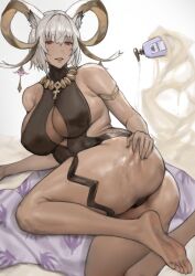  1girl :d absurdres animal_ears arknights ass barefoot black_leotard boingoo breasts carnelian_(arknights) carnelian_(shimmering_dew)_(arknights) casual_one-piece_swimsuit cleavage cleavage_cutout clothing_cutout commentary dark-skinned_female dark_skin feet foot_out_of_frame goat_ears goat_girl goat_horns grin highres horns large_breasts leotard looking_at_viewer lotion lotion_bottle lying official_alternate_costume on_side one-piece_swimsuit open_mouth red_eyes short_hair smile soles solo swimsuit symbol-only_commentary teeth toes white_hair 