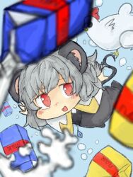  1girl animal_ears bird blue_background blush bubble capelet chicken commentary cookie_(touhou) crystal falling flour full_body grey_hair grey_skirt grey_vest jewelry kanakamei1 looking_at_viewer medium_bangs milk milk_carton mouse_ears mouse_girl mouse_tail nazrin nyon_(cookie) open_mouth pendant red_eyes shirt short_hair skirt skirt_set smile solo tail touhou vest white_capelet white_shirt  rating:General score:1 user:danbooru