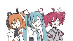 3girls =_= a.i._voice absurdres adachi_rei aqua_hair bare_shoulders black_shirt black_sleeves bow buttons chicken_(food) closed_eyes coat commentary double-breasted drill_hair food fried_chicken grey_jacket hair_bow hair_ornament hatsune_miku hatsune_miku_(vocaloid4) headlamp headphones highres holding holding_food jacket jitome kasane_teto kasane_teto_(sv) long_hair multiple_girls open_mouth orange_hair parody radio_antenna red_hair red_trim shirt short_hair shoulder_belt side-by-side side_ponytail simple_background sketch sleeveless sleeveless_shirt solid_oval_eyes synthesizer_v triangle_mouth triple_baka_(vocaloid) turtleneck twin_drills twintails uniform upper_body utau v-shaped_eyebrows v4x very_long_hair vocaloid white_background white_bow white_coat white_eyes white_shirt yasai31