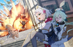  5girls absurdres anger_vein angry animal_ears ascot blank_eyes blonde_hair blush_stickers breasts carrying carrying_person child cleavage day dress dutch_angle explosion floating_hair floppy_ears garter_straps genshin_impact glasses gloom_(expression) gloves green_eyes green_hair grey_hair hat highres jean_(genshin_impact) jumping klee_(genshin_impact) kyanonpan50 long_hair lumine_(genshin_impact) medium_breasts medium_hair motion_blur multiple_girls noelle_(genshin_impact) outdoors ponytail princess_carry sucrose_(genshin_impact) sweat thighhighs zettai_ryouiki  rating:Sensitive score:7 user:danbooru