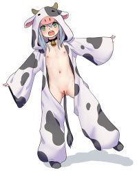 1girl animal_costume animal_ears animal_print bell blue_hair blush cleft_of_venus collar cow_costume cow_ears cow_hood cow_horns cow_print cow_tail cowbell female_focus flat_chest full_body green_eyes hood hood_up horns loli long_hair looking_at_viewer navel neck_bell nipples open_clothes open_mouth original outstretched_arms pussy simple_background solo spread_arms standing tail uncensored white_background yamada_(gotyui) rating:Explicit score:482 user:sytalidis