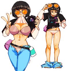  3amsoda atlus barefoot belt_pouch biting biting_clothes black_hair black_shirt bob_cut bra breasts brown_eyes camera clothes_lift clothes_pull denim embarrassed flashing grin highres jeans large_breasts layered_sleeves long_sleeves looking_down navel ohya_ichiko panties pants pants_around_ankles pants_pull persona persona_5 pouch print_shirt shirt shirt_lift short_hair short_over_long_sleeves short_sleeves signature smile striped_clothes striped_panties sunglasses sunglasses_on_head thighs underwear v white_shirt  rating:Questionable score:24 user:Strider_Blaze