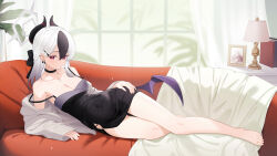  1girl :/ aru_(blue_archive) bare_legs barefoot black_bow black_choker black_dress black_hair black_horns blue_archive blurry blurry_background book bow breasts cardigan choker cleavage closed_mouth collarbone commentary_request couch covered_navel curtains day demon_horns demon_wings double-parted_bangs dress ear_piercing earclip feet gradient_hair grey_cardigan grey_hair grey_halo hair_between_eyes hair_bow hair_ornament hairclip halo hand_on_own_hip highres horns indoors kayoko_(blue_archive) kayoko_(dress)_(blue_archive) lamp lampshade large_breasts light_blush long_hair long_sleeves looking_at_viewer low_wings lying mao_shi_shisan mole mole_on_neck multicolored_hair off_shoulder official_alternate_costume on_couch on_side open_cardigan open_clothes photo_(object) picture_frame piercing plant purple_wings red_eyes single_wing sleeves_past_wrists solo strap_slip toes white_hair window wings  rating:Sensitive score:5 user:danbooru