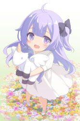  1girl :d ahoge azur_lane black_bow blush bow brown_flower chibi commentary_request flower hair_bow highres hugging_object long_hair looking_at_viewer one_side_up open_mouth pink_flower puffy_short_sleeves puffy_sleeves purple_eyes purple_hair shoes short_sleeves smile solo stuffed_winged_unicorn sukireto unicorn_(azur_lane) very_long_hair white_flower white_footwear yellow_flower 