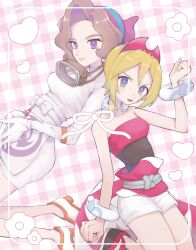  2girls :d bandana bare_shoulders blonde_hair blue_eyes bracelet bright_pupils closed_mouth collarbone creatures_(company) diving_mask diving_mask_around_neck game_freak gloves goggles goggles_around_neck hair_intakes hairband hand_up highres irida_(pokemon) jewelry light_brown_hair multiple_girls neck_ring nintendo noi_(noi_pk27) open_mouth palina_(pokemon) plaid plaid_background pokemon pokemon_legends:_arceus purple_bandana purple_eyes red_hairband short_hair shorts smile v-shaped_eyebrows white_gloves white_pupils white_shorts 