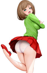  1girl absurdres ass breasts brown_hair foot_out_of_frame gibun_(sozoshu) green_sweater highres large_breasts legs looking_at_viewer looking_back mai_machiko maicching_machiko-sensei medium_hair miniskirt open_mouth panties pleated_skirt red_footwear red_skirt shoes skirt solo sweater underwear white_background white_panties 