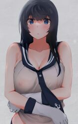  1girl agano_(kancolle) anchor_print arms_under_breasts black_hair black_necktie black_sailor_collar blue_eyes blush breasts breasts_squeezed_together commentary_request covered_erect_nipples elbow_gloves gloves grey_background kantai_collection large_breasts long_hair looking_at_viewer mani_oniniku necktie nipples parted_lips sailor_collar school_uniform see-through see-through_shirt shirt sleeveless sleeveless_shirt solo sweat upper_body white_gloves white_shirt 