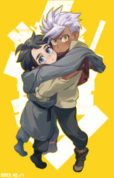  2boys aged_down ankle_boots belt black_footwear black_hair blue_eyes blush boots capelet child clothing_cutout dark-skinned_male dark_skin dated from_above from_side full_body grey_footwear grey_pants gundam gundam_tekketsu_no_orphans height_difference highres hood hooded_coat hug looking_at_viewer looking_to_the_side looking_up male_focus mikazuki_augus multiple_boys orga_itsuka oversized_clothes pants red_capelet shoe_soles short_hair shoulder_cutout sleeves_past_fingers sleeves_past_wrists sleeves_rolled_up spiked_hair standing sumooo_(ga_ilil) tiptoes white_hair yellow_background yellow_eyes 