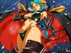  1girl aqua_hair arms_up boots breasts cape carrera demon_girl demon_tail elbow_gloves gloves halterneck horns leather looking_at_viewer navel night opocom pointy_ears red_eyes scarf short_hair shoulder_pads snow snowing solo tail thigh_boots thighhighs thong viper volvox wink 