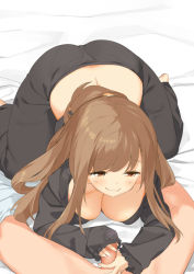 1boy 1girl all_fours blush breasts brown_eyes brown_hair cleavage from_above handjob hetero incest kaisen_chuui large_breasts long_hair original pants penis sleevejob sleeves_past_wrists smile solo_focus rating:Explicit score:107 user:danbooru