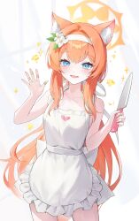  1girl absurdres animal_ear_fluff animal_ears apron bandaid blue_archive blue_eyes blush breasts cat_ears collarbone cowboy_shot fingernails flower frilled_apron frills hair_flower hair_ornament halo highres holding holding_knife jogabi knife long_hair looking_at_viewer mari_(blue_archive) naked_apron open_mouth orange_hair small_breasts smile solo white_apron white_flower yellow_halo 