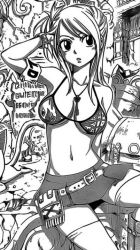 1girl bikini bikini_top_only blush breasts breasts_apart cleavage fairy_tail greyscale happy_(fairy_tail) large_breasts lucy_heartfilia mashima_hiro monochrome open_mouth skirt solo swimsuit thighhighs rating:Questionable score:30 user:danbooru